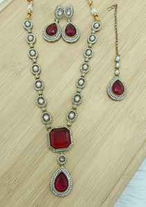 Traditional <b>Gold</b> Kundan Necklace <b>Set</b> Zircon Stone Pendant Matching Earrings Maang Tikka Bridal Wedding Jewelry Party Gift - Product Image 2