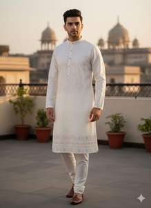 Conjunto de Kurta y Pijama de Seda Pura Bordada Premium para Hombre – Ropa Étnica de Diseño para Bodas y Festividades - Product Image 3