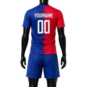 ชุดเสื้อฟุตบอลสีแดงน้ำเงินแบบซับลิเมชั่นพร้อมกางเกงขาสั้น ชุดยูนิฟอร์มฟุตบอลชาย แขนสั้น ชุดกีฬาสำหรับทีม ชุดแข่งขัน ชุดฝึกซ้อมกีฬา - Product Image 2
