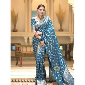 ATRACTIVA BANARASI BROCADO DE SEDA CON ZARI TRABAJO SAREE CON BLUSA DESCOSADA SKY - Product Image 1
