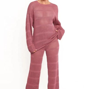 Women's Winter Autumn Sleepwear Set Elegant <b>Waffle</b> Fabric Knitted Long Sleeve Top Pants Airy Breathable V-Neck Nightgown - Product Image 1