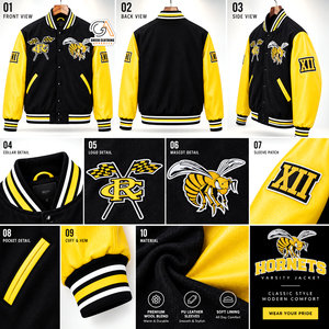 Veste universitaire en satin noir et jaune pour homme ASU, logo Hornet brodé, polyester/coton, légère, écologique, respirante - Product Image 5