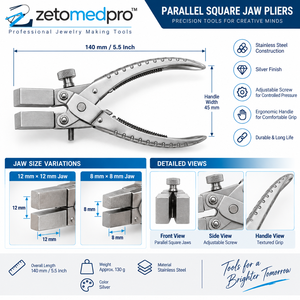 Pince à mâchoires carrées parallèles en acier inoxydable pour la fabrication de bijoux, 12 mm et 8 mm, 5,5 pouces, Zetomed Pro - Product Image 2
