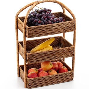 Étagère à 3 niveaux en rotin tressé à la main du Vietnam, style bohème, pour cuisine, rangement et présentation, avec poignées – Fournisseur - Product Image 2