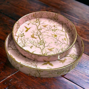 Plateau de service rond moderne de luxe en MDF laqué beige avec imprimé floral botanique, finition brillante blanche, décoration artisanale en bois pour la maison - Product Image 4