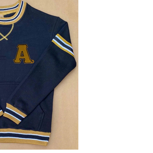 Alpha Unisex Embroidered Crewneck Hoodie Navy Gold Letter Preppy Style Regular Fit <b>Pullover</b> Pocket Anti-Pilling Winter - Product Image 3