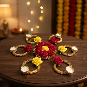 Juego de Portavelas de Loto Rosa Hechos a Mano con Centro de Mesa Verde para Diwali, Pooja, Bodas y Decoración del Hogar - Product Image 2