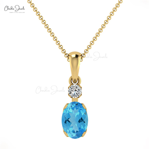 Colgante de Topacio Azul Suizo y Diamantes de 7x5mm en Oro Sólido de 14k, Envío Gratis - Product Image 2