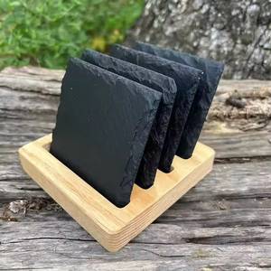 Ensemble de dessous-de-verre carrés en pierre Dark Rock avec support métallique, antidérapant, moderne, pour la décoration de la maison - Product Image 2