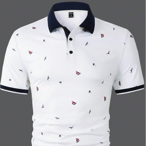 Camisa Casual de Verano para Hombre con Estampado de Aves, Ribete en Contraste, Bolsillos y Tela Antiarrugas - Product Image 1