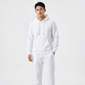Unisex <b>White</b> Hooded Sweatshirt <b>Jogger</b> Set 100% Cotton Solid Color Casual Full Length Breathable Tracksuit for Adults - Product Image 5
