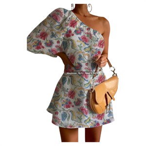 Vestido de Fiesta Sexy para Mujer, de un Solo Hombro, con Manga Abullonada, Volantes y Estampado a Mano en Algodón, Corto - Product Image 1