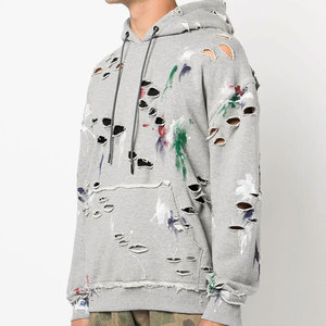 Men's Gray Oversized Hooded Sweatshirt With Hand-Painted Spray Print Cut-Out Design Streetwear Style - Product Image 4