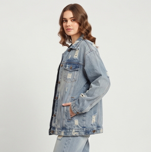 100% Cotton Winter Distressed Denim Jacket Women Oversized Jeans Coat Ladies Oversize Distress Jean Coat Oversize Denim Jackets - Product Image 1