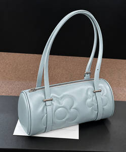 Silver PU Leather Vintage Fashion Barrel Purse with Embroidery Zipper Two-Strap Shoulder <b>Bag</b> for Women Outdoor Use - Product Image 3