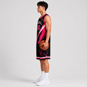 Ensemble d'uniformes de basket-ball personnalisés pour hommes, maillot sans manches et short, noir et rose, vêtements d'équipe sportive - Product Image 3