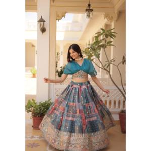 <b>Russian</b> Silk Rich Digital Printed With Foil Embroidery Work Lehenga Choli KA-5032 - Product Image 1