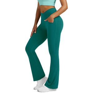 Women's Flat Front Mid Waist Flare <b>Leggings</b> Breathable Elastic Waist <b>With</b> <b>Pockets</b> High Stretch Women Outdoor Casual Pants - Product Image 3