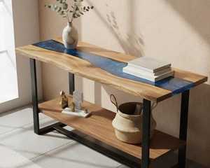 Mesa Consola de Epoxi Ocean Stream con Estante de Almacenamiento, Mueble de Entrada Rectangular Duradero de Madera con Borde Natural Hecho a Mano, Acento Moderno - Product Image 5