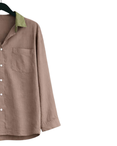 Ensemble deux pièces décontracté pour femme : chemise marron et pantalon large vert olive en coton et lin, tenue ample d'été, fabricant OEM - Product Image 4