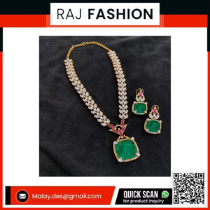 Gold Plated <b>Green</b> Emerald Look Necklace <b>Set</b> with Matching Earrings Square Pendant Fashion <b>Jewellery</b> for Wedding Party Wear - Product Image 2