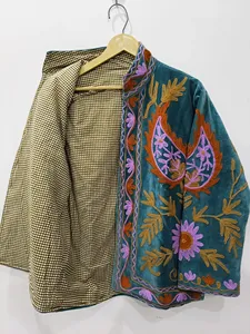 <b>Women</b> Turquoise Embroidered Suzani <b>Jacket</b> With Floral Pattern Full Sleeve Stand Collar Bohemian <b>Women's</b> Winter Outerwear - Product Image 4