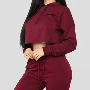 Conjunto de Sudadera Corta y Pantalones Deportivos Color Borgoña para Mujer, Conjunto Casual de Color Sólido, Sudadera de Manga Larga Tejida, Pantalones de Algodón para Invierno - Product Image 1