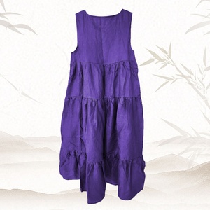 Hot Selling Vintage Handmade Plain Dyed Breathable Cotton V Neck Bell Sleeve Pleated Midi Dress Side Pockets Daily Spring Summer - Product Image 1