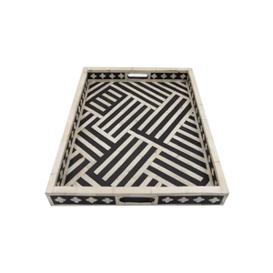 Plateau de service traditionnel en bois à motifs floraux avec poignée et incrustations en os, idéal pour servir thé, café, collations et desserts lors de mariages et sur les tables à manger. - Product Image 2