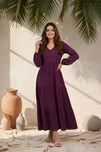 Elegante Vestido Morado de Seda con Corte Delta, Cuello en V, Manga Abullonada Completa, Largo Regular, Totalmente Cosido, Color Sólido, Estilo Occidental para Fiestas - Product Image 3