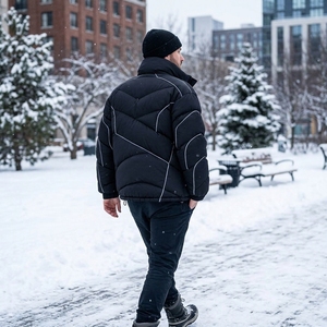 Veste d'hiver pour homme en duvet noir avec surpiqûres réfléchissantes, col montant, fermeture éclair intégrale, veste d'extérieur isolée - Product Image 4
