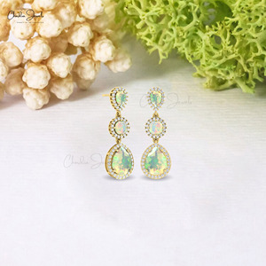 Three Stone Halo Drop <b>Earrings</b> 6.14 CT Pear Cut Ethiopian Opal Cocktail <b>Earrings</b> 14k Pure Gold Hallmarked <b>Earrings</b> Wholesale Lot - Product Image 4