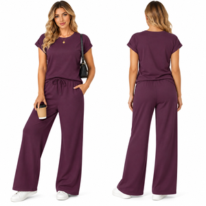 Ensemble décontracté deux pièces pour femme : haut à manches courtes et pantalon large, personnalisable avec logo - Product Image 2