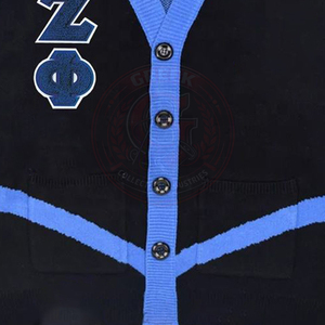 Cardigan en acrylique tricoté pour femme, noir et bleu, avec lettres, style universitaire, manches longues, boutons sur le devant, Sorority Zeta Phi B - Product Image 4
