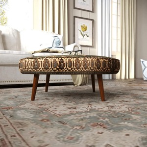 Circular Fabric <b>Pouf</b> With Abstract Geometric Pattern Wooden Legs Bohemian Living Room Decor - Product Image 3