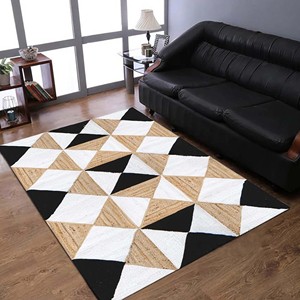 Alfombra moderna de yute con diseño geométrico en negro, blanco y beige, con patrón triangular, tejida a mano, contemporánea, para sala de estar o dormitorio. - Product Image 1