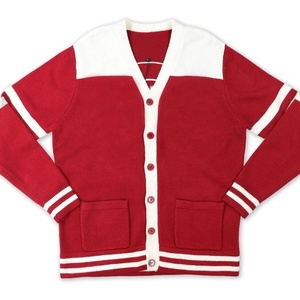 Cárdigan de Punto Rojo con Cuello en V para Mujer, Manga Larga, Ribete en Contraste, Bolsillos, Bordado Delta Sigma Theta, Estilo Clásico, para Todas las Temporadas - Product Image 1