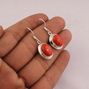 925 Sterling Silver <b>Red</b> Copper Turquoise Vintage Engagement Drop <b>Earrings</b> Bezel Set Oval Gemstone Jewelry - Product Image 1