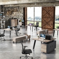 Bureau de travail moderne pour 2 personnes avec écran de confidentialité, plateau en bois et pieds en métal pour bureaux en plan ouvert