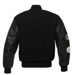 Chaqueta de invierno negra para hombre, estilo universitario, con mangas de lona, logotipo bordado, diseños de parches, cuello alto informal, forro polar Sherpa. - Product Image 2