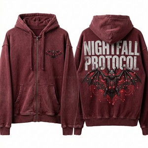 Sweat-shirt à capuche graphique chauve-souris nocturne Primordial pour homme, coupe oversize, délavé à l'acide, bords usés, style streetwear, vente en gros - Product Image 2