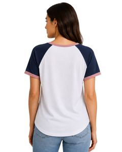 Customized <b>White</b> Navy Blue And Dusty Pink Raglan T <b>Shirt</b> For <b>Women</b> Casual Crew Neck <b>Short</b> <b>Sleeve</b> Soft Cotton Blend Summer - Product Image 5