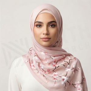 Pink <b>Chiffon</b> Hijab With Floral Embroidery Women's Daily Wear <b>Scarf</b> Islamic Ethnic Shawl - Product Image 4