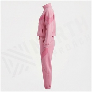 Women <b>Pink</b> Color Blocking Tracksuit Half-Zip <b>Sweatshirt</b> Jogger Pants Set Casual Autumn Wear Full Sleeve Drawstring Closure - Product Image 3