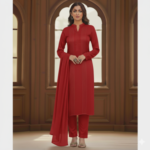 Salwar Kameez en coton et lin rouge avec dupatta, motif rayé, tenue ethnique traditionnelle pour femmes, usage quotidien, toutes saisons, séchage rapide - Product Image 5