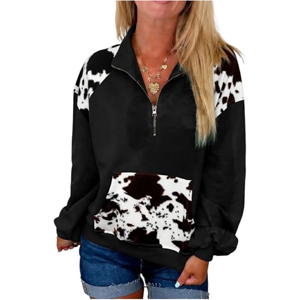 Sweat-shirt demi-zip personnalisé pour femme, motif patchwork bovin, chic, imprimé peau de vache contrastant, col à revers, pull décontracté et sportif - Product Image 1