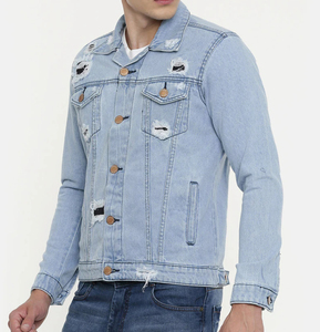 High Street Men's Top Selling Denim Jacket 100% Cotton Washable Fitted Ripped Design Snap Collar Hand <b>Warmer</b> Pockets for Winter - Product Image 2