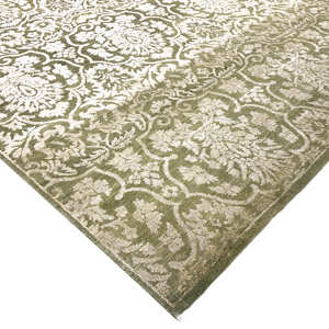 Tapis Damassé Fait Main en Laine et Soie Vert Argenté, Tapis de Luxe à Poils Courts avec Accents Marron - Product Image 6
