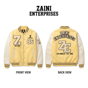 ZAINI ZE-203 430 GSM Cotton Polyester Fleece Windproof Varsity <b>Jacket</b> Yellow <b>White</b> Panel PU Sleeves Custom Chenille Logo <b>Men</b> - Product Image 1