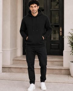 Sweat-shirt à capuche noir pour homme, 100% coton, tissu molletonné français, coupe classique, décontracté, respirant, avec poche, pour l'automne - Product Image 3